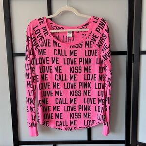 [M] PINK Vintage Bright Pink Logo Graphic Long Sleeve Waffle PJ Top Women’s